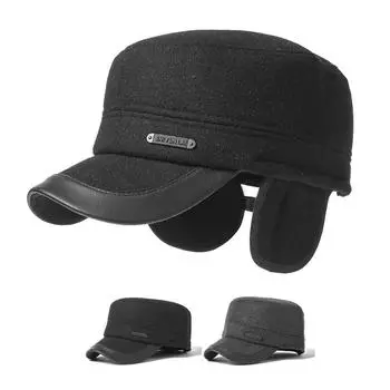 Осенне-зимняя шапка, мужская бархатная толстая кепка в стиле милитари, шерстяная шапка для папы, для среднего и пожилого возраста, уличная ветрозащитная защита ушей, теплая шляпа с плоским верхом серый
