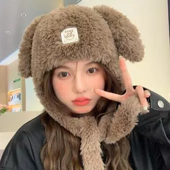 Осенне-зимняя шапка на пуговицах, плюшевая утолщенная теплая милая шерстяная шапка с буквенным принтом, женская корейская вязаная шапка One Size чёрный