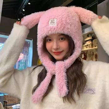 Осенне-зимняя шапка на пуговицах, плюшевая утолщенная теплая милая шерстяная шапка с буквенным принтом, женская корейская вязаная шапка One Size серый