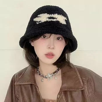 Осенне-зимняя шапка рыбака из овечьей шерсти для женщин 2024 года, новая большая окружность головы, теплая и морозостойкая плюшевая панама, показывающая маленькое лицо M56-58cm чёрный