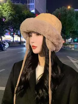 Осенне-зимняя шапка рыбака, плюшевая защита ушей, теплая шапка Lei Feng, завязанная веревкой, панама, защитная от холода, меховой воротник, шапка-мешок M54-58cm