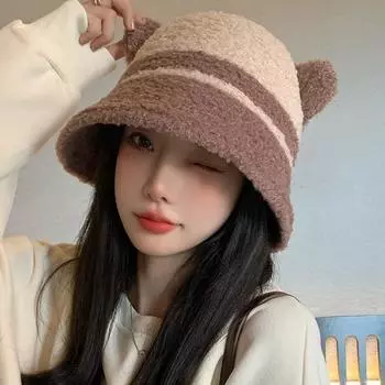 Осенне-зимняя шапка рыбака, симпатичная шапка с ушками медведя, толстый мех ягненка, теплая шапка-тазик one size розовый