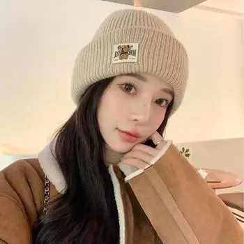 Осенне-зимняя шапка с большим обхватом головы, универсальная, женская, с милым медвежонком, модная, с защитой ушей, вязаная шерстяная шапка one size fits all чёрный