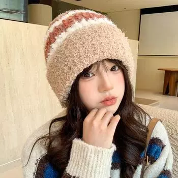Осенне-зимняя шапка с большой окружностью головы, женская модная универсальная вязаная шерстяная шапка, зимняя теплая утолщенная защита от холода, пуловерная шапка M56-58cm