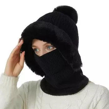 Осенне-зимняя шапка, шарф, цельный комплект, вязаная шапка, женская теплая защита ушей чёрный