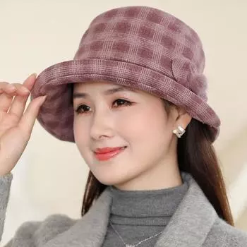 Осенне-зимняя шапка-ушанка для женщин среднего и пожилого возраста, шерстяная клетчатая женская шапка, теплая, морозостойкая, ветрозащитная, с отворотом