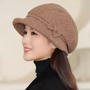 Осенне-зимняя шапка-ушанка для женщин среднего и пожилого возраста, шерстяная клетчатая женская шапка, теплая, морозостойкая, ветрозащитная, с отворотом