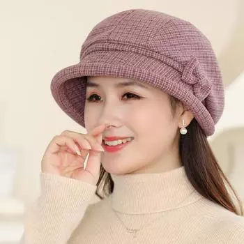 Осенне-зимняя шапка-ушанка для женщин среднего и пожилого возраста, шерстяная клетчатая женская шапка, теплая, морозостойкая, ветрозащитная, с отворотом