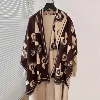 Осенне-зимняя схема циркуляции букв, простые элементы печати, теплый женский шарф, кондиционер, окружность шали 185*65cm коричневый