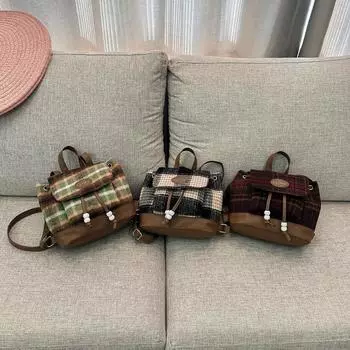 Осенне-зимняя шерстяная клетчатая сумка для женщин, новинка 2024 года, трендовый ретро-рюкзак Maillard, универсальная корейская сумка-мешок