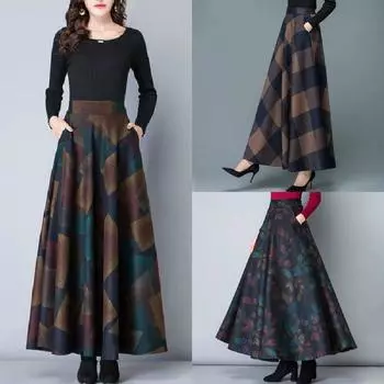 Осенне-зимняя шерстяная клетчатая юбка Юбка-трапеция Юбка-свитер Длинная юбка средней длины Юбка для женщин XXXL