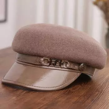 Осенне-зимняя шерстяная кожаная шляпа с плоским верхом, женская модная кепка-берет, британская ретро-шляпа газетчика восьмиугольной формы M56-58cm бежевый