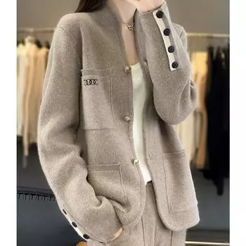 Осенне-зимняя шерстяная куртка, новое женское пальто с воротником-стойкой, однотонное модное однобортное женское теплое свитера, кардиган S бежевый