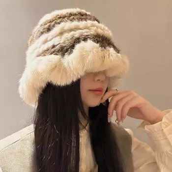 Осенне-зимняя шерстяная шапка, теплая защита ушей, плюшевая шапка, большая окружность головы, показывает маленькое лицо, новая безволосая шляпа-ведро в виде облака для женщин M56-58cm чёрный