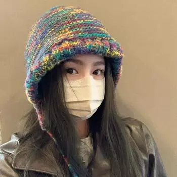 Осенне-зимняя шерстяная шапка в этническом стиле с симпатичным градиентным рисунком для защиты ушей, теплая вязаная шапка с завязками