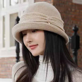 Осенне-зимняя шерстяная шапка-ведро для женщин, универсальная шерстяная шляпа-ведро, складная шляпа-ведро из гофрированной шерсти One Size (53-58cm) бежевый