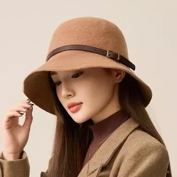 Осенне-зимняя шерстяная шляпа-рыбак с поясом, женская шерстяная шляпа-тазик белый