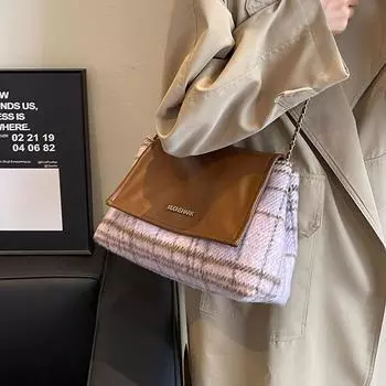 Осенне-зимняя шерстяная сумка большой емкости для женщин, новинка 2023 года, популярная универсальная сумка через плечо с цепочкой на одно плечо, модная пригородная сумка