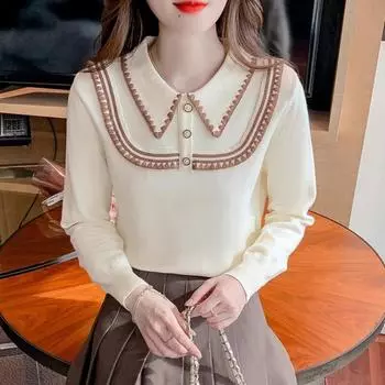Осенне-зимняя шикарная кружевная трикотажная рубашка с воротником-поло, женская модная верхняя одежда, блузка с длинным рукавом для женщин, элегантные свободные винтажные женские рубашки, топ 24740 One Size белый
