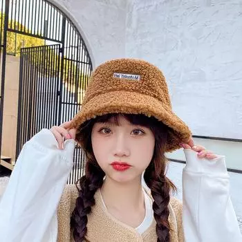 Осенне-зимняя шляпа рыбака с вышитыми буквами и маленькой этикеткой, модная теплая плюшевая шляпа-ведро с плоским верхом One Size жёлтый