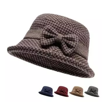 Осенне-зимняя шляпа рыбака среднего возраста, женская шерстяная толстая теплая шляпа с бантом, шляпа в клетку для мам хаки