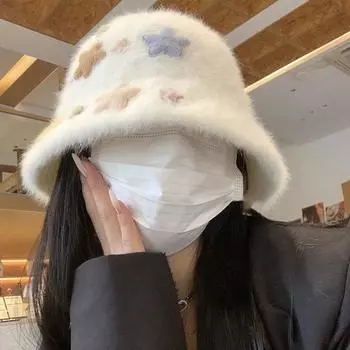 Осенне-зимняя шляпа-ведро с изображением допамина из кроличьей шерсти, женская, симпатичная, плюшевая шляпа-ведро со звездой, теплая шляпа-тазик M56-58cm белый