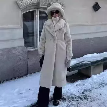 Осенне-зимняя шуба из искусственного меха кролика женская русская шуба приталенная удлиненная куртка с воротником из костюма женская S абрикосовый
