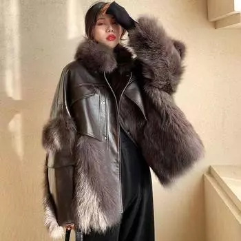 Осенне-зимняя шуба из искусственного меха лисы женская средняя и длинная 2024 новое меховое интегрированное кожаное пальто женское пальто S recommends 52.5 kg or less темно-коричневого