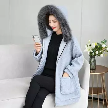 Осенне-зимняя шуба из искусственного меха женская, средней и длинной длины, воротник из искусственного меха лисы, зернистый бархат, стрижка овец, большой размер, тонкое пальто S хаки