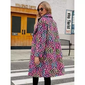 Осенне-зимняя шуба женская модная повседневная квадратная воротниковая имитация леопардового искусственного меха шуба плюшевая длинная зимняя куртка 2024 S