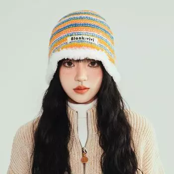 Осенне-зимняя симпатичная шапка-ведро с полосками контрастного цвета с буквами, женская теплая модная вязаная шерстяная шапка M56-58cm