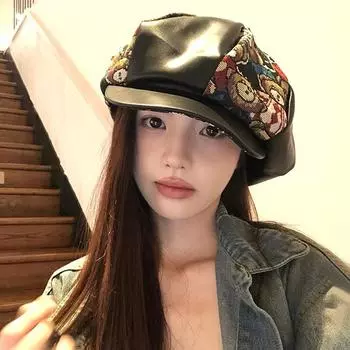 Осенне-зимняя симпатичная восьмиугольная шляпа из кожи медведя, женская, с большой окружностью головы, показывающая лицо, маленький берет художника, прилив M56-58cm