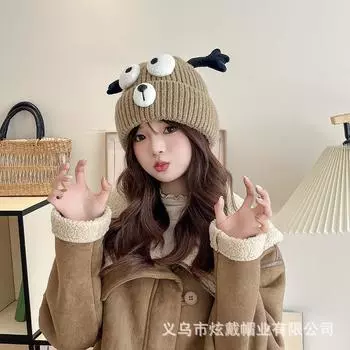 Осенне-зимняя симпатичная женская плюшевая новая вязаная шапка универсальная теплая защитная шапка для ушей утолщенная модная шерстяная шапка one size fits all хаки