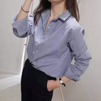 Осенне-зимняя сине-белая полосатая рубашка женская блузка с длинными рукавами дизайнерская рубашка винтажная базовая офисная повседневная женская рубашка удобная одежда S