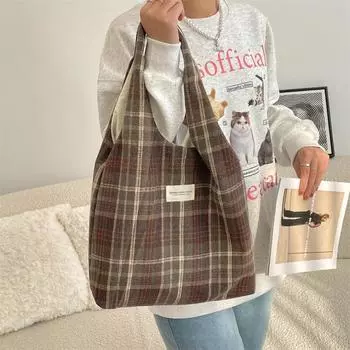 Осенне-зимняя сумка через плечо из шерстяного жилета в стиле ретро, женская клетчатая сумка-тоут, большая вместительная сумка для поездок на работу из холста кирпич красный