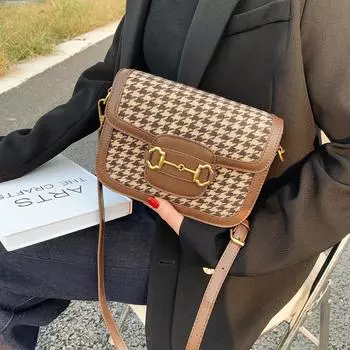 Осенне-зимняя сумка через плечо «Тысяча птиц» с решеткой подмышками, маленькая квадратная сумка в стиле ретро, модная женская сумка-мессенджер с магнитной пряжкой и леопардовым принтом чёрный