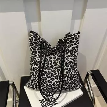 Осенне-зимняя сумка-тоут большой вместимости для женщин 2024 года, новая универсальная модная холщовая сумка, леопардовый принт, холщовая сумка темно-коричневого