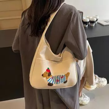 Осенне-зимняя сумка-тоут большой вместимости для поездок на работу для женщин 2024 года, новая нишевая симпатичная вышитая сумка через плечо Tide бежевый