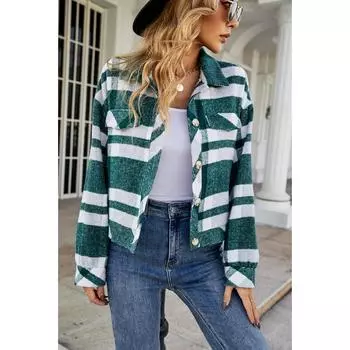Осенне-зимняя свободная клетчатая рубашка с лацканами, короткое шерстяное пальто для женщин S зелёный