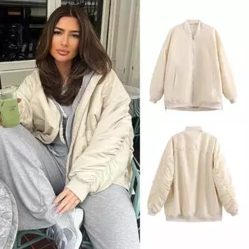 Осенне-зимняя свободная куртка-летучая хлопковая куртка на молнии, однотонное женское пальто с длинными рукавами, утолщенная теплая верхняя одежда из хлопка S чёрный