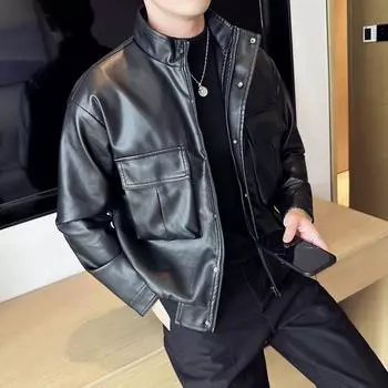 Осенне-зимняя свободная повседневная мужская кожаная куртка в корейском стиле, красивая ретро-хлопковая утолщенная кожаная куртка с воротником-стойкой L