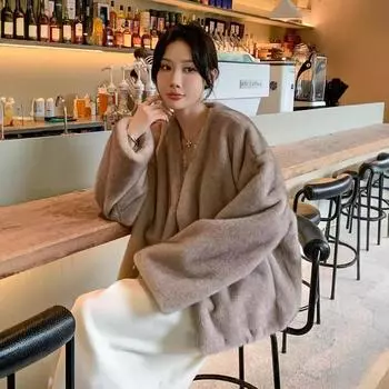 Осенне-зимняя свободная шуба большого размера из искусственного меха норки с V-образным вырезом, женская утолщенная теплая плюшевая одежда S хаки