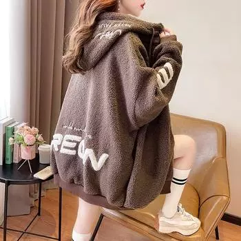 Осенне-зимняя свободная утепленная толстовка с капюшоном на флисовой подкладке, женский кардиган на молнии XXL чёрный