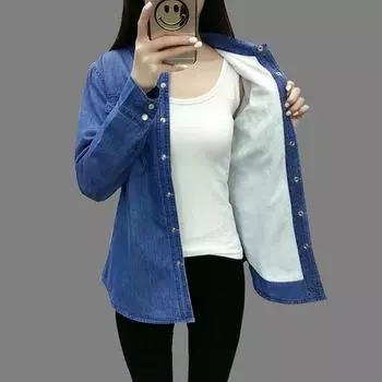 Осенне-зимняя теплая джинсовая рубашка с подкладкой для женщин с длинными рукавами, корейская версия утолщенной студенческой свободной универсальной куртки размера плюс XXXL темно-синий