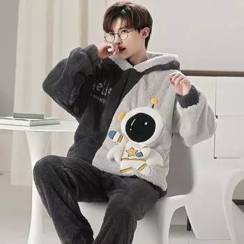 Осенне-зимняя теплая фланелевая мужская пижама, комплект из двух предметов, брюки с длинными рукавами, симпатичная мягкая домашняя одежда, одежда для больших мальчиков L