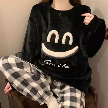 Осенне-зимняя теплая фланелевая женская пижама комплект с длинными рукавами брюки комплект из двух предметов коралловый бархат Домашняя одежда Одежда женская одежда для сна M