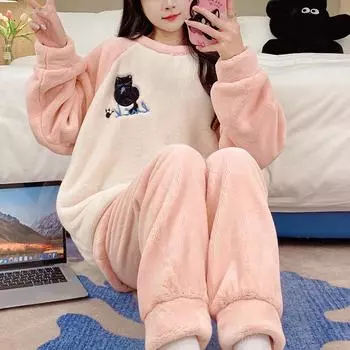 Осенне-зимняя теплая фланелевая женская пижама, комплект из двух предметов, брюки с длинным рукавом, милая мягкая домашняя одежда, женская одежда для сна M