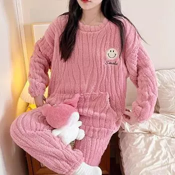 Осенне-зимняя теплая фланелевая женская пижама, комплект с длинными рукавами, брюки, комплект из двух предметов, милая вышивка, мягкая домашняя одежда, женская одежда для сна M