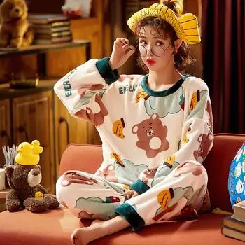 Осенне-зимняя теплая фланелевая женская пижама с длинным рукавом, женская пижама с рисунком медведя, комплект из двух предметов, пижама для молодой девушки, коралловый бархат, домашняя одежда M