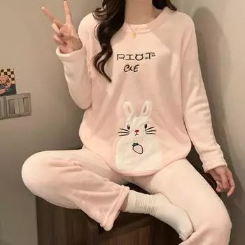Осенне-зимняя теплая фланелевая женская пижама с длинным рукавом, женская пижама с рисунком кролика, комплект из двух предметов, пижама для молодой девушки, домашняя одежда из кораллового бархата M
